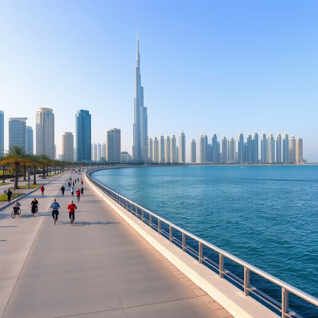 منظر بانورامي لكورنيش أبوظبي يظهر أشخاص يمارسون الجري وركوب الدراجات مع ناطحات السحاب والمياه الزرقاء في الخلفية